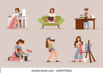 Un grupo de chicas haciendo hobby en casa. Feliz joven en actividades creativas: costurera, artista, cocinera, freelancer, fotógrafa, florista. Quédate en casa durante la cuarentena. Aislado sobre fondo gris