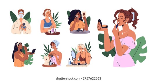 Set of girls doing makeup. Young women care about face skin with beauty routine. People do visage, remove cosmetics. Daily skincare treatment. Flat isolated vector illustrations on white background