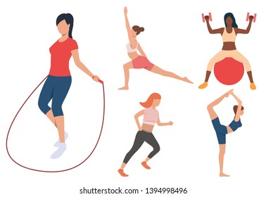 Set Of Girls Doing Morning Exercises. Group Of Women Doing Yoga, Working With Swiss Ball, Running And Jumping Rope. Sport Concept. Vector Illustration Can Be Used For Topics Like Activity And Fitness