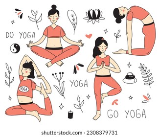 Set with girls doing yoga. Doodle style vector illustration, sketch for print, web, mobile and infographics isolated on white background.