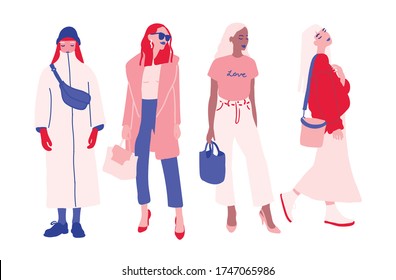 Set of girls dressed in fashionable clothes. 