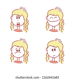 Set of girl's emotions. Facial expression. Girl Avatar. Young woman emoji character with different expressions.Vector cartoon illustration.