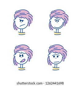 Set of girl's emotions. Facial expression. Girl Avatar. Young woman emoji character with different expressions.Vector cartoon illustration.