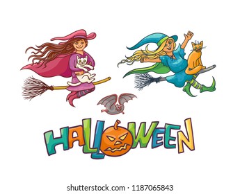 Set girls enchantress on broom with cats for Children party Halloween. Illustration cheerful humorous young magician and pet to all saints day. Vector charmers pointed hats flying and build faces