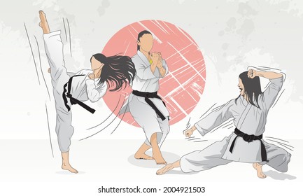 A set of girls engaged in karate. Abstract background