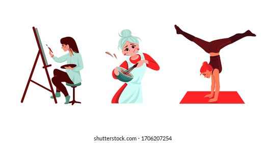 Set of girls engaged in their hobbies. Cooking, draw a picture, working out standing on her hands. 