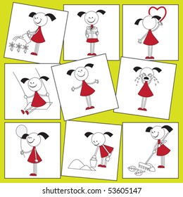 Set of girls engaged in various activities such as: play, work, cry, paint, etc.