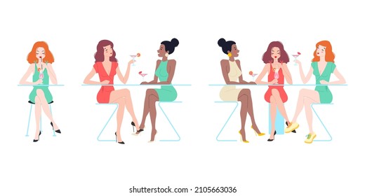 Set of girls enjoying cocktails in a nightclub or cafe. Pretty young women in beautiful dresses talking and laughing together. Woman's friendship concept. Vector illustration.