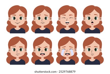 Set of girls face. Woman with different emotions. Happiness, sadness and surprise. Avatar for social networks. Emoji and emoticon. Flat vector collection isolated on white background