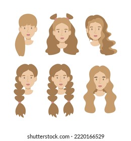 Set girls faces flat. Friendly young woman with different hairstyles long brown hair. Hand drawn vector illustration.
