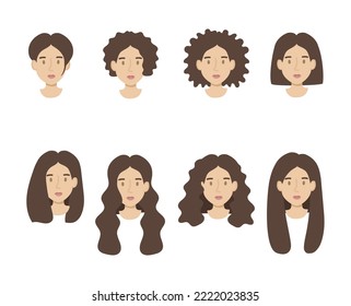 Set girls faces flat. Friendly young woman with dark hair hairstyles different lengths. Hand drawn vector illustration.