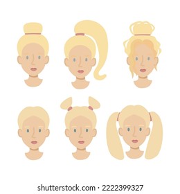 Ponga las chicas de cara plana. Joven amigable con diferentes peinados de pelo rubio. Ilustración vectorial dibujada a mano.