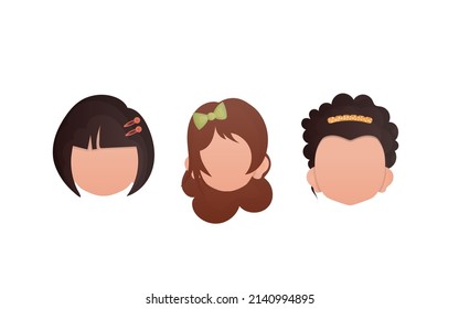 Set of girls faces isolated on white background. Cartoon style. Vector illustration.