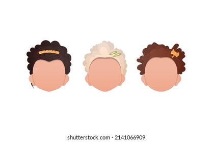 Set of girls faces isolated on white background. Cartoon style. Vector.