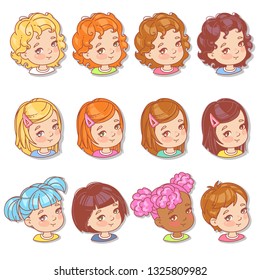 Set with girl's faces. User pics for blog. Avatar collection of cute kids. Vector illustration of different  children's portraits, arranged in circle. Various color of hair, eyes. Vector illustration.