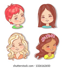 Set with girl's faces. Userpics for blog. Avatar collection of woman faces. Vector illustration of different  girl portraits in circle. Various color of hair, eyes, skin. Vector illustration.