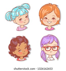 Set with girl's faces. Userpics for blog. Avatar collection of woman faces. Vector illustration of different  girl portraits in circle. Various color of hair, eyes, skin. Vector illustration.