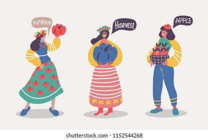 Set of girls - farmers in a festive suit.  Young women hold pumpkins and apples in their hands. Harvest. Vector.