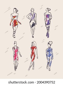 set of girls with fashion clothes, fashion sketch