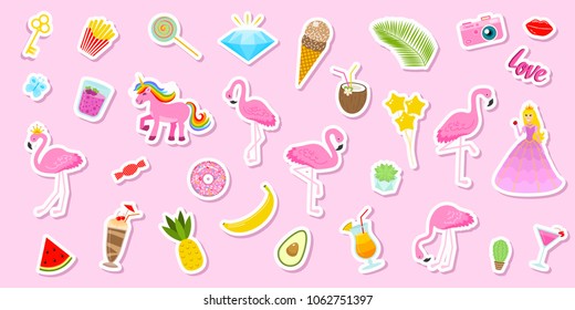 Set of girls fashion cute patches, fun stickers, badges, pins and stickers. Collection different elements. Princess and flamingos, unicorn, milkshakes, candy for notebook. Vector trendy illustration.