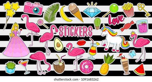 Set of girls fashion cute patches, fun stickers, badges, pins and stickers. Collection different elements. Princess and flamingos, unicorn, milkshakes, candy for notebook. Vector trendy illustration.