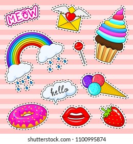 Set of girls fashion cute patches, fun stickers, badges and pins. Collection different elements. rainbow capkake lips ice cream donut meow strawberries for Princess. Vector trendy illustration.