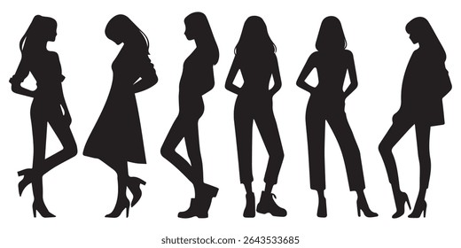 Set of Girls Fashion Model Silhouettes isolated on white.