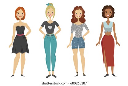 Set of girls in fashionable clothes. Beautiful happy smiling women, body positive, youth trend, casual, dresses, jeans. Vector cartoon illustration.