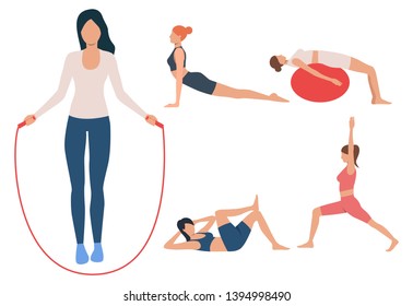 Set of girls in fitness club. Group of women doing yoga, exercising with ball and jumping rope. Sport concept. Vector illustration can be used for topics like activity or morning exercises