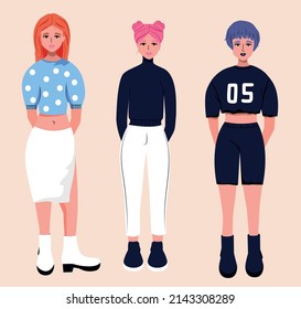 Un conjunto de chicas. Plano. Ropa moderna para adolescentes. Moda. Ilustración de material vectorial. Fondo beige. aislado