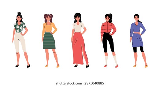 Conjunto de chicas de estilo plano con diferentes ropas. Ilustración de material vectorial. Carácter. Emociones. Diseño gráfico. Persona. Cara y mano.  Aislado. Fondo blanco. Mujer. Humano.  