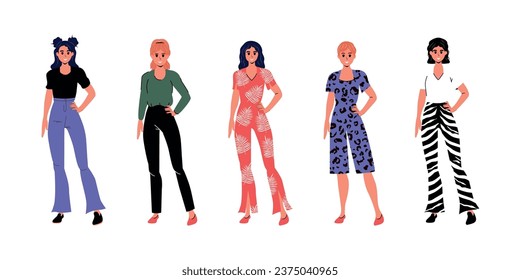 Conjunto de chicas de estilo plano con diferentes ropas. Ilustración de material vectorial. Carácter. Mujer. Humano. Emociones. Diseño gráfico. Persona. Cara y mano.  Aislado. Fondo blanco. 