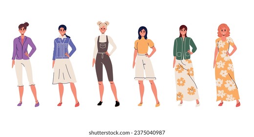 Conjunto de chicas de estilo plano con diferentes ropas. Ilustración de material vectorial. Carácter. Aislado. Fondo blanco. Mujer. Humano. Emociones. Diseño gráfico. Persona. Cara y mano. 