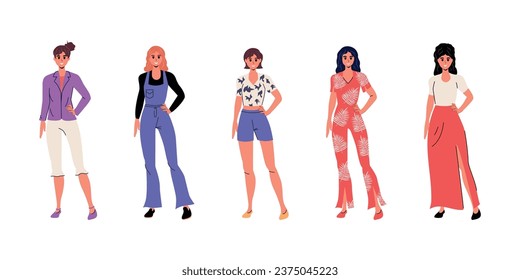 Set of Girls in flat style in different clothes. Vector stock illustration. Character. Isolated. White background. Woman. Human. Emotions. Graphic design. Person. Face and hand.  inclusion