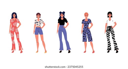 Conjunto de chicas de estilo plano con diferentes ropas. Carácter. Aislado. Fondo blanco. Emociones. Diseño gráfico. Persona. Cara y mano. Mujer.  Ilustración de material vectorial. 
