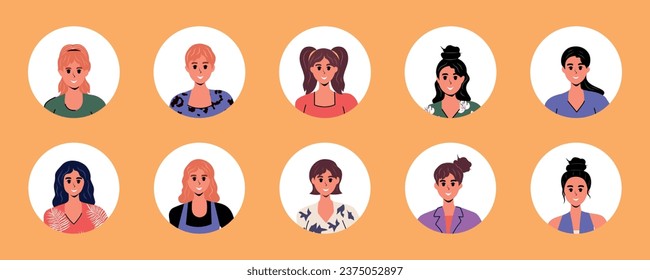 Set of Girls in flat style in different clothes. Face and hand.Vector stock illustration. Character. Isolated. White background. Woman. Human. Emotions. Graphic design. Person icons. 
