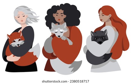 Set of girls with foxes of different colors in their hands on a white background. Girls with animals, hugging animals. Animals in the hands of blonde, brunette and redhead. Portraits of flat girls