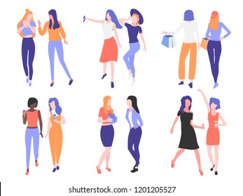 Set girls friendship. Couple of girlfriends isolated on white background. They share secrets, take selfies, go shopping, eat ice cream in the park, give gifts, dance and drink at a party. Minimalistic