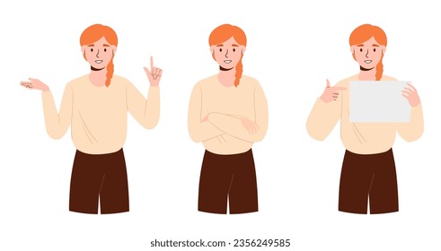 Set of girls with gestures. Emotions and expression. Feelings and mood. Pack of stickers for social networks and messengers. Cartoon flat vector collection isolated on white background