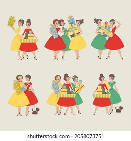 Set of girls with gift boxes. Pretty girls in beautiful dresses holding gift boxes. Winter holiday illustration drawn in mid-century style. Vector 10 EPS.