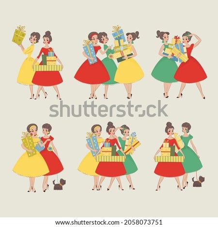 Set of girls with gift boxes. Pretty girls in beautiful dresses holding gift boxes. Winter holiday illustration drawn in mid-century style. Vector 10 EPS.