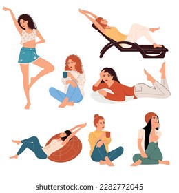 conjunto de niñas de buen humor, descanso y positivo, ilustración vectorial, plano.