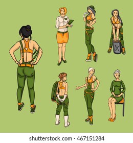 Set of girls in green uniforms, workers, bowser, managers, operators of filling. Vector illustration