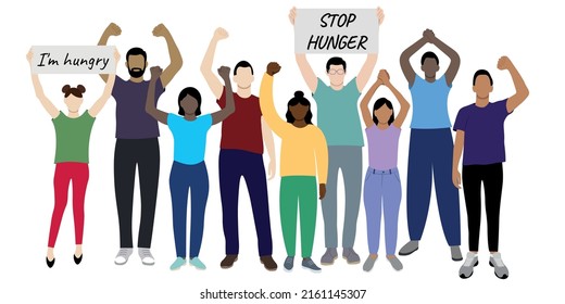 Set of girls and guys of different nationalities drawn in full length, flat vector on white background, faceless illustration, posters with "Stop Hunger" lettering