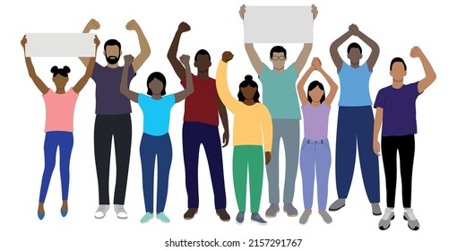 Set of girls and guys drawn in full length with arms raised above their heads, flat vector on white background, faceless illustration
