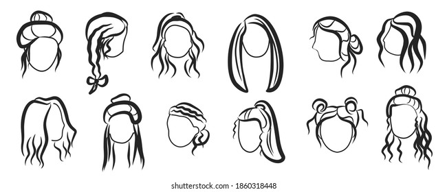 Set of girls hairdo, different styles. Simple doodle illustration