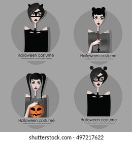 Set of girls in Halloween costume with pumpkin
