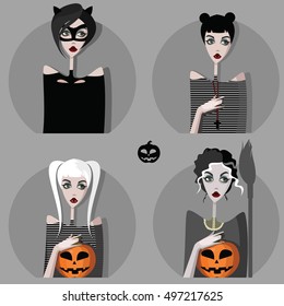 Set of girls in Halloween costume with pumpkin