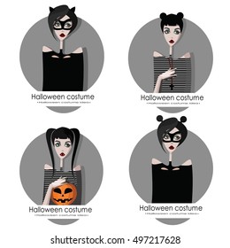 Set of girls in Halloween costume with pumpkin