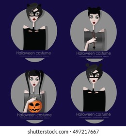 Set of girls in Halloween costume with pumpkin